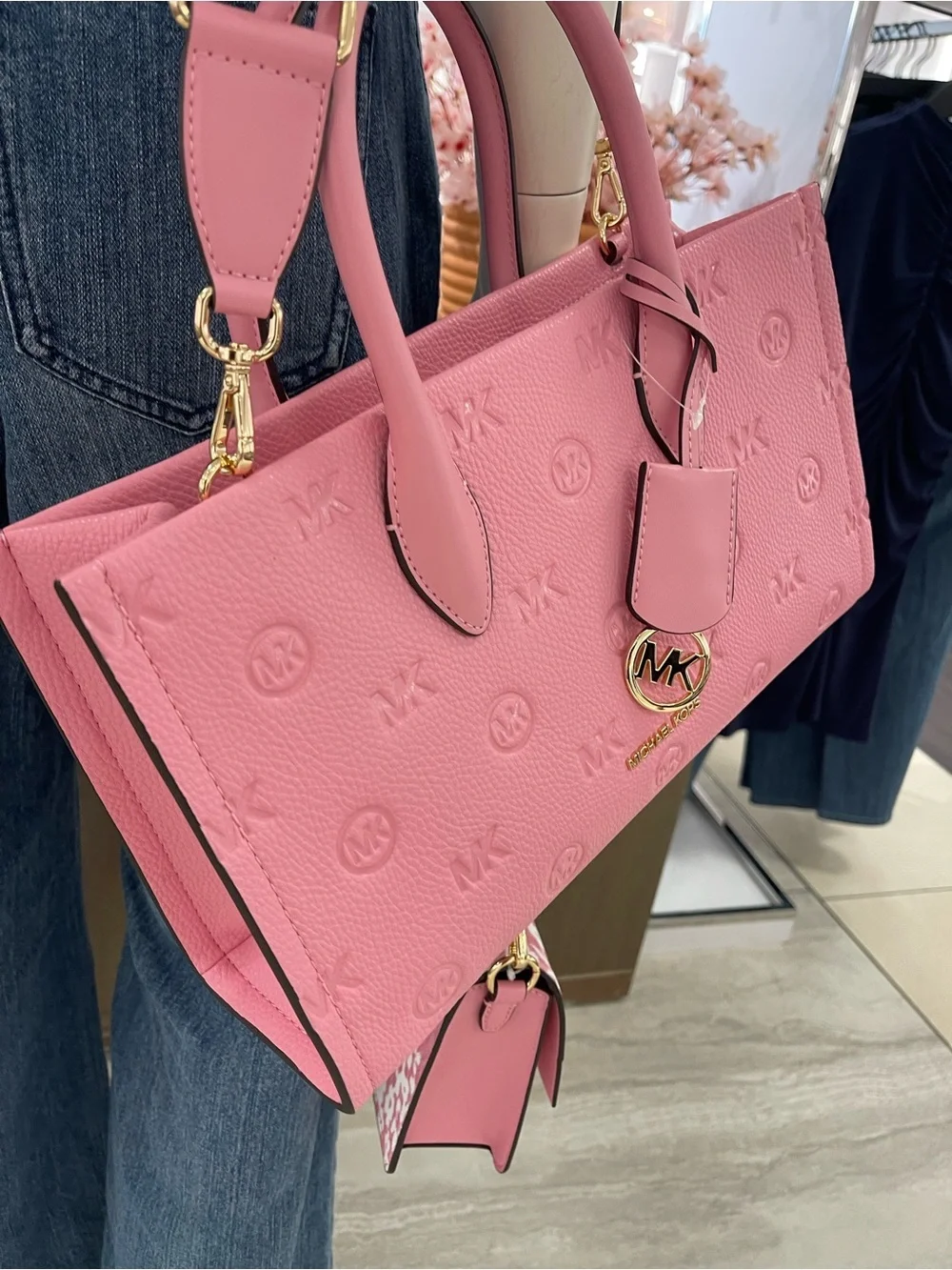 MICHAEL KORS Mirella Md EW Top Zip Logo Debossed Satchel Shoulder Carnation NWT